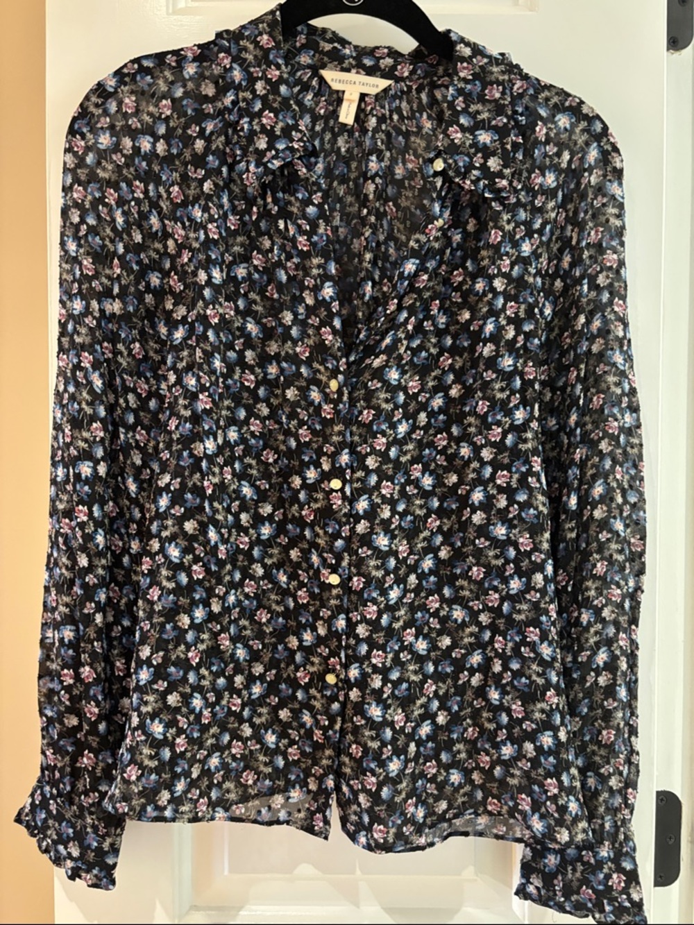 Rebecca Taylor Black Silk Floral Button-Front Blouse with Blue and Pink Blooms